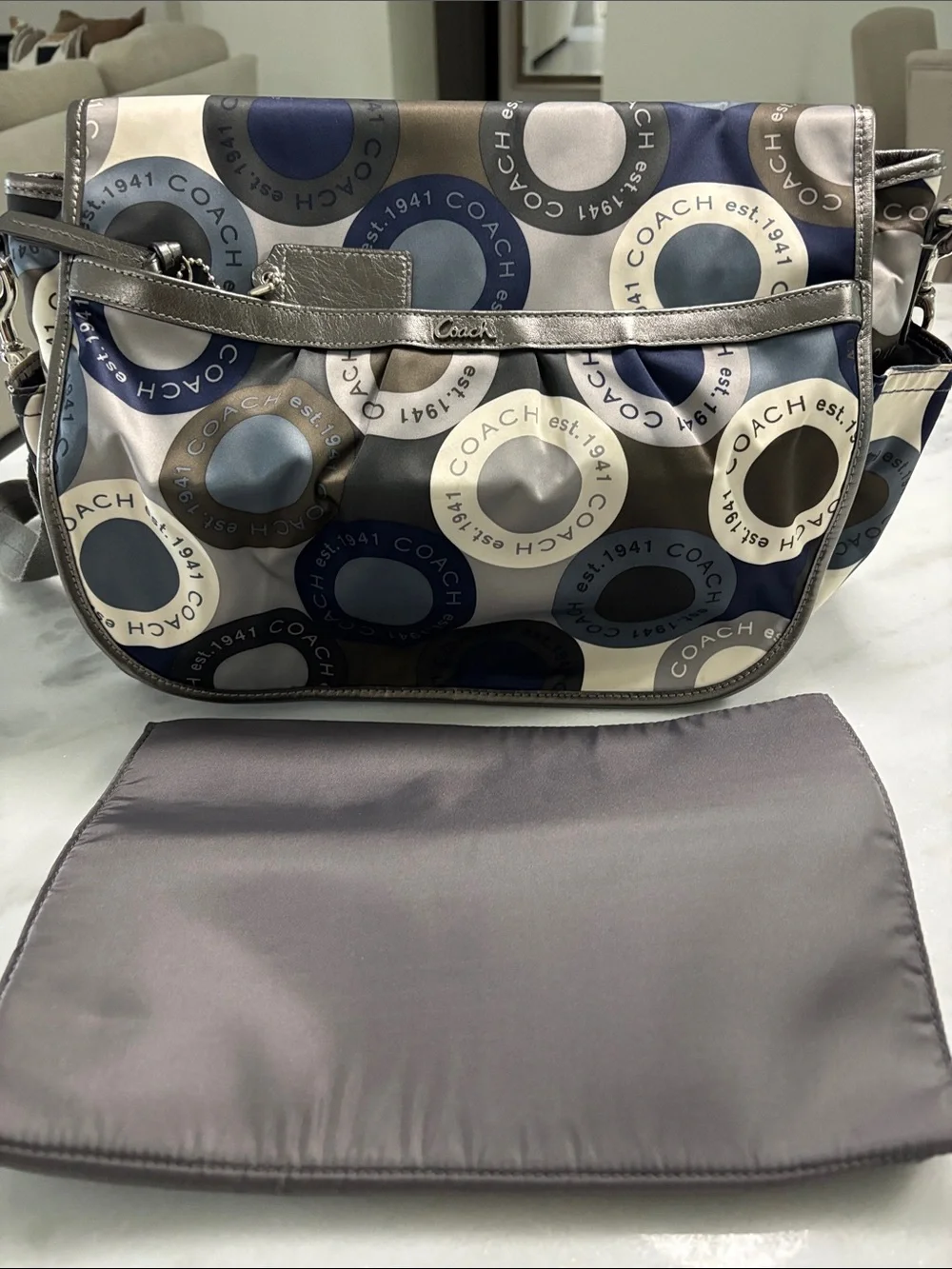 COACH Navy, Gray & Cream Circle-Print Crossbody Baby Bag